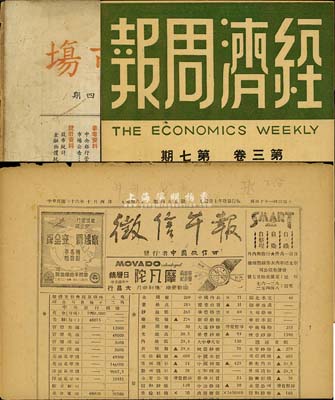 民國時期證券、經濟類書刊等3件，詳分：1946年《經濟周刊》第三卷·第七期；1947年《征信午報》，上印股票行情等；1947年上海證券交易所調查研究處編印《證券市場》第三卷·第四期；各書對研究民國股票史料頗有裨益，保存尚佳，敬請預覽