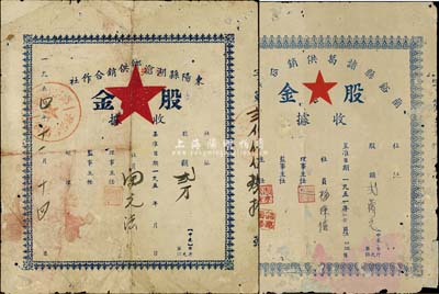 浙江老股票2種，詳分：1951年蘭溪縣諸葛供銷合作社股金收據(jù)，股額貳萬元；1954年東陽縣湖滄鄉(xiāng)供銷合作社股金收據(jù)，股額貳萬元；六至七成新