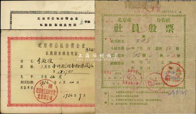 老北京股票3種，詳分：1952年北京市東城區(qū)供銷合作社社員股票，伍股計股金拾圓；1956年北京市公私合營企業(yè)（中國交通電工器材公司北京市公司）私股股東領(lǐng)息憑證，股額人民幣壹仟捌佰壹拾柒圓；1962年北京市公私合營企業(yè)（崇文區(qū)）私股股東領(lǐng)息憑證，股息人民幣肆拾陸元；七至八成新