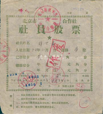 1954年北京市東郊區(qū)供銷合作社社員股票，壹股計股金貳圓，七五成新