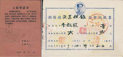 1955年瀏陽縣六區(qū)供銷合作社股票，壹股計人民幣貳元，上印有毛澤東像；另附1961年合作社“入社申請書”1份；八成新