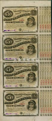 1886年美國路易斯安那州5元聯體債券共4枚一版，少見且圖案精美，美國藏家出品，八五成新