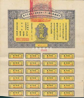 民國二十三年（1934年）平漢鐵路民國二十二年清理員工欠薪支付券·拾圓券，附帶有息票，八成新