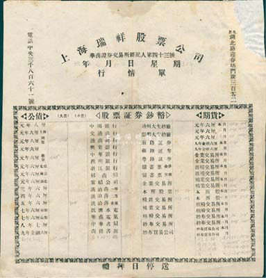 民國拾年（1921年）上海瑞祥股票公司行情單，該公司為華商證券交易所經紀人第43號，票上印有各種公債、股票證券及期貨行情；此種最早期的證券業行情單存世極為罕見，值得研究和珍視，八成新