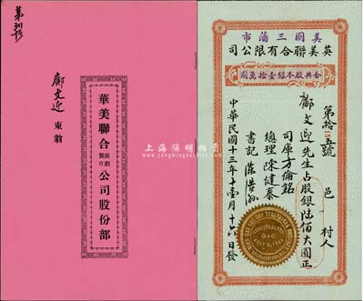 華僑電影公司股票2種，詳分：1924年（美國三藩市）英美聯合有限公司股票，股銀陸佰大圓，其號碼為第15號；1937年華美聯合演劇制片公司股份部，貳股銀貳拾元；其承購股東均為鄺文迎（洪門致公堂元老，與孫中山交往頗多，李公俠著《革命逸史》一書有載）氏，且此二公司之總理和司庫均為陳健泰氏；少見，八五成新