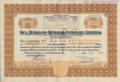 1947年Sua Manggis(蕭曼奇士)橡膠公司股票，面額1000股（每股銀1兩），票上有水印；該公司注冊于香港，而股票在上海發行，由華人史天和氏承購，背面有中文記錄戶名信息及該公司已閉歇等情形；八成新