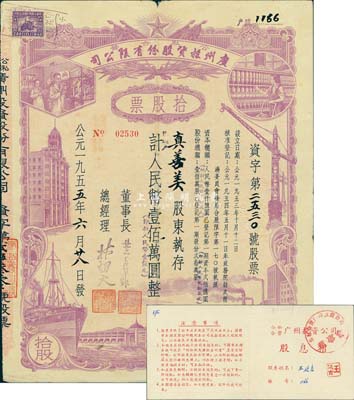 1955年（公私合營）廣州投資股份有限公司股票，拾股計(jì)人民幣壹佰萬圓（即新人民幣壹佰元），附帶有息摺，七五成新