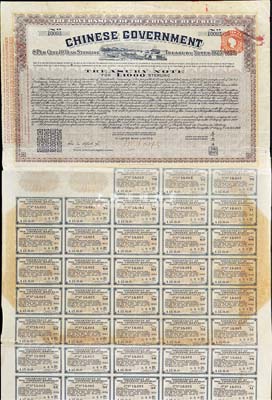 1919年中華民國政府對外發(fā)行“中國政府八厘十年期金庫券”（即費(fèi)克斯借款之軍火公債）1000鎊，由北洋政府財政總長李思浩簽署，背面印有中文；此債券及債務(wù)，后由南京國民政府所繼承，故補(bǔ)印之息票均由財政部長孔祥熙簽署；英國藏家出品，此大面額券存世少見，七五成新