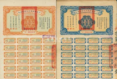 民國二十三年（1934年）平綏鐵路員工欠薪兌換券乙種券拾圓、丙種券伍拾圓共2枚不同，均附帶有息票，八成新