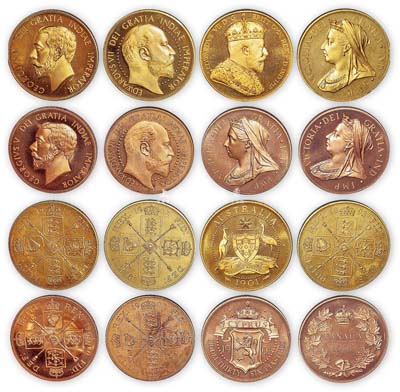 英國(guó)造幣廠壹圓型銀幣銅樣一組共8枚不同，詳分：英國(guó)1893年維多利亞女王像黃銅質(zhì)樣幣1枚；英屬加拿大1901年維多利亞女王像紅銅質(zhì)樣幣1枚；英屬塞浦路斯1901年維多利亞女王像紅銅質(zhì)樣幣1枚；英屬澳大利亞1901年愛(ài)德華七世國(guó)王像黃銅質(zhì)樣幣1枚；英屬印度1902年愛(ài)德華七世國(guó)王像紅銅質(zhì)、黃銅質(zhì)樣幣1對(duì)；英屬印度1910年喬治五世國(guó)王像紅銅質(zhì)、黃銅質(zhì)樣幣1對(duì)；本拍品從英國(guó)征集而得