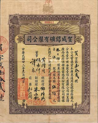民國廿二年（1933年）賀成錫礦有限公司股票，伍股計股本銀伍佰元，票上由總經理鄧澤如（國民黨元老、曾任同盟會馬來西亞分會會長）、董事黃隆生（興中會會員，曾任中央銀行第一任副行長、中山裝之設計者）等親筆簽名；海外藏家出品，誠屬廣西省老股票之精品，八成新