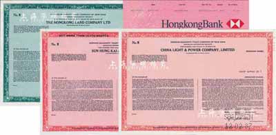 香港股票4種，詳分：1984年香港上海匯豐銀行股票400股；1983年新鴻基有限公司股票樣張；1984年香港置地有限公司股票樣張；1987年香港中華電力公司股票樣張；九五至全新