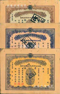 民國年（1923-）奉天肇新窯業公司股票共3枚全套，詳分：棕色壹股計奉大洋壹佰圓、藍色伍股計奉大洋伍佰圓、灰色拾股計奉大洋壹仟圓，票上專務董事張志良（即張惠霖）曾任張作霖督軍署監印官、奉天商會會長、東三省鹽運使等職，創辦有一系列企業，被譽為“遼寧現代民族工業的奠基人”；而總經理杜乾學即著名民族企業家、愛國志士杜重遠氏，常務董事林成秀乃奉天清丈局坐辦兼管水利局事、東北大學籌備人之