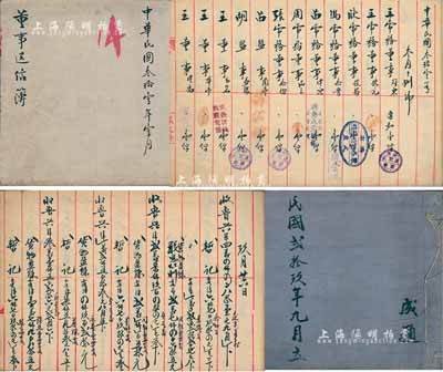 山東濟南成通紡織股份有限公司資料2冊，詳分：1940年“暫記流水”帳1冊，毛筆書寫數十頁，且貼有稅票；1942年“董事送信簿”1冊，內中記錄各董事信息詳情；此種股份公司實物存世少見，亦適合于展覽；保存甚佳，敬請預覽