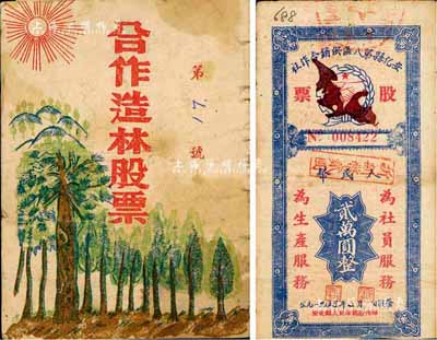 新中國老股票2種，詳分：1951年合作造林股票，圖案頗富特色；1954年安化縣第八區(qū)供銷合作社股票人民幣貳萬圓，上印“為社員服務、為生產服務”口號；七五成新
