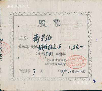 1959年南京市下關區(qū)飲食合作商業(yè)經營管理委員會股票，金額人民幣貳拾伍元，油印版，其號碼為“第7號”，少見，八成新