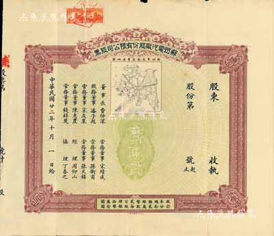 民國廿二年（1933年）蘇州電汽廠股份有限公司股票，未填用發行，上印該廠營業區域圖頗為精致，票上董事長費仲深乃蘇州著名紳商（即晚清名臣吳大澄女婿、詩人柳亞子表舅費樹蔚氏），八成新