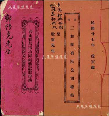 民國股份簿、總結簿各1冊，詳分：1932年臺山新昌均同福星記股份簿，占股本銀叁佰員；1938年《香港三和隆有限公司總結》1冊，內列進數、支數、盈余、存數、存貨等詳情；保存尚可，敬請預覽