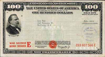 1944年美國聯邦政府債券100美元，由昔年華僑所承購，未兌付注銷；海外藏家出品，少見，八成新