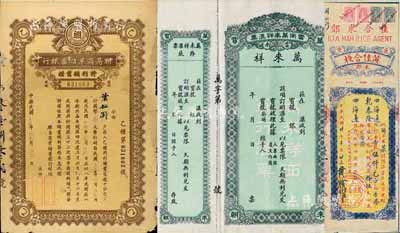民國金融票據共3件，詳分：1941年聯易商業儲蓄銀行·特利儲蓄證，乙種特利儲蓄國幣叁元；1941年（暹京）黃佳合棧匯票，面額香銀伍仟元；云南萬來祥匯票，未填用附存底和票根；七至八成新