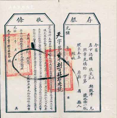 光緒年（1907年）農工商部奏辦·京師自來水有限公司股票收條，未填用附帶有存根，九成新