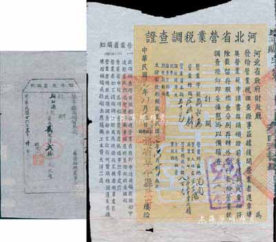 民國廿六年（1937年）阜平縣商辦貿易局臨時股票執照，貳股計洋貳拾元，由新和源所承購；另附1937年河北省政府財政廳·河北省營業稅調查證1張，亦乃頒給新和源（皮條鋪）；少見品，七至八成新