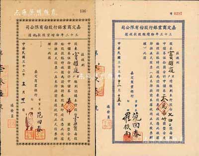 嘉定商業(yè)銀行股份有限公司股款收據(jù)2種，詳分：三十二年份增資股款收據(jù)，壹百肆拾股計中儲券柒仟圓；三十三年份續(xù)繳股款收據(jù)，七四〇股計中儲券叁萬柒仟圓；其承購股東均為竇耀庭氏（上海灘著名地產商，投資廣泛，曾出資與邵醉翁經營“笑舞臺”，并聘請張石川擔任顧問，其弟張巨川為前臺經理，鄭正秋為后臺經理，促成中國電影業(yè)之伊始）；少見品，八成新