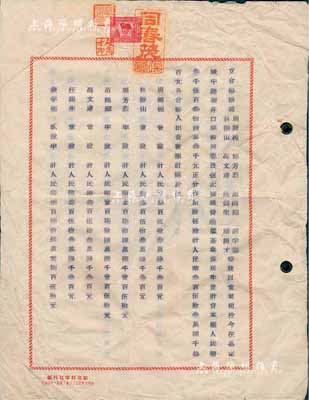 1950年同春茂復(fù)記號“合夥議據(jù)”一份，內(nèi)為周師棟、林靜山等8人集資人民幣3536.3萬元（分作10股）在嘉定城中蒲衙弄口開設(shè)同春茂復(fù)記號，經(jīng)營腌臘、茶葉、煤炭生意，并詳列各股東出資狀況、公議條款等；此議據(jù)由敏文打字社代制（址設(shè)紗布交易所320室），保存尚佳，敬請預(yù)覽