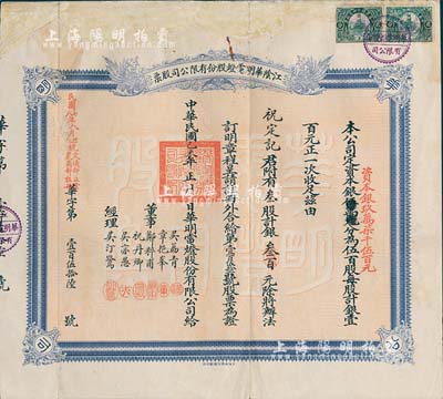 民國己未年（1919年）江陰華明電燈股份有限公司股票，叁股計銀叁百元，票上經理吳汀鷺乃江陰名流、著名實業家，曾任縣知事和商會會長，捐資助學、服務桑梓；此股票之發行年份乃迄今所見最早者，有修補，七成新