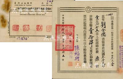 1950年保證責任·嘉義市第一信用合作社社股票，柒股計新臺幣壹拾肆元，臺灣金融業老股票，已塑封，八成新（另附1958年臺灣土地銀行存款印鑒卡1份，其上戶名為“福建省金門地區戰時災害救濟委員會存款”）