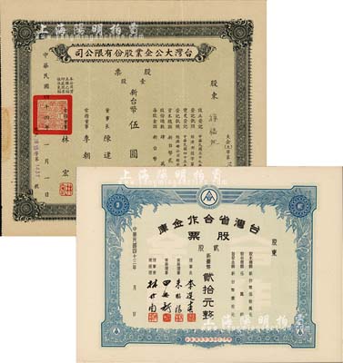臺灣老股票2種，詳分：1954年臺灣省合作金庫股票，貳股計新臺幣貳拾元，未填用附存根；1955年臺灣大公企業股份有限公司股票，壹股計新臺幣伍圓；臺灣藏家出品，八五至九成新