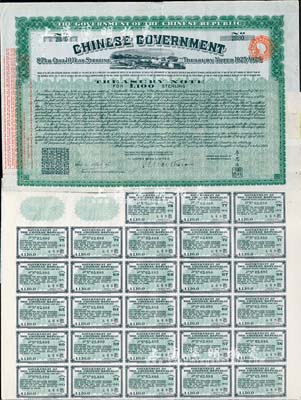 1919年中華民國政府對外發(fā)行“中國政府八厘十年期金庫券”（即費(fèi)克斯借款之軍火公債）100鎊，由北洋政府財(cái)政總長李思浩簽署，背面印有中文；此債券及債務(wù)，后由南京國民政府所繼承，故補(bǔ)印之息票均由財(cái)政部長孔祥熙簽署；英國藏家出品，八成新