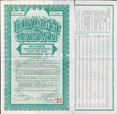 民國二十一年（1932年）上海市災區復興市政公債壹百元，正面英文，背面有中文，由上海市市長吳鐵城和利安洋行經辦人簽名，附帶有息票；少見，九成新