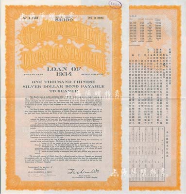民國二十三年（1934年）上海市市政公債壹仟元，正面英文，背面有中文，由上海市市長吳鐵城、新豐洋行葛勃生等簽名附帶有息票；少見，九成新
