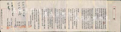民國庚申年（1920年）太原地區傳統式股份“合同”1份，事為周慶富堂等人集資1萬元分作100股，在山西省城樓兒底街合資創立晉大國貨商館，其上列明7位股東之出資金額、公議條款等詳情，內容十分豐富，拉開約達1米長；此種晉商傳統式老股票，歷史底蘊厚重，少見且保存尚佳，敬請預覽