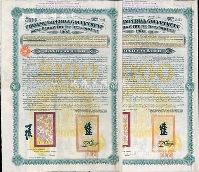 1905年大清帝國政府對外發行河南道清鐵路債券100鎊共2枚(不同英文手簽名)，由英商北京福公司(Pekin Syndicate, Ltd.)代理發行；此債券共發行7000張，號碼從1號至7000號；英國藏家出品，八成新