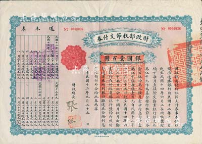 民國十二年（1923年）財政部秋節支付券銀圓壹百圓，由北洋政府財政總長張弧簽署，近八成新