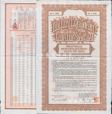 民國二十一年（1932年）上海市災區復興市政公債壹仟元，正面英文，背面有中文，由上海市市長吳鐵城和利安洋行經辦人簽名，附帶有息票；較罕見，八五成新