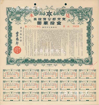 昭和叁拾壹年（1956年）東京都公債證券見本（即樣本券），面額金拾萬圓，附帶有完整息票，有水印，九成新