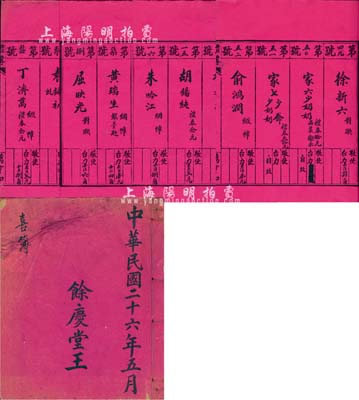 民國二十六年（1937年）余慶堂王“喜簿”1冊，內有錢永銘（著名銀行家）、丁濟萬（孟河丁氏醫派代表人物）、張壽鏞（教育家，曾任浙江財政廳廳長）、屈映光（浙江都督）、潘序倫（會計學家、教育家）、徐新六（銀行家，浙江興業銀行總經理）、劉攻蕓（曾任財政部長）、周象賢（杭州市長）等眾多著名人物之隨禮記錄，由此可見此“余慶堂王”氏非同一般，當屬上海灘之顯赫人物，有待考證；保存尚佳，敬請預