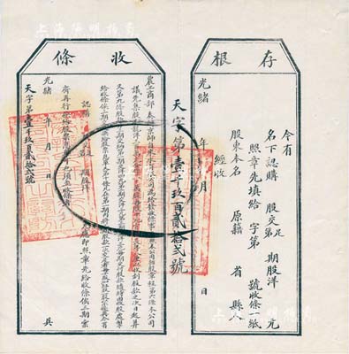 光緒年（1907年）農工商部奏辦·京師自來水有限公司股票收條，未填用附帶有存根，八五成新