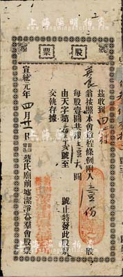 宣統元年（1909年）籌辦甯邑蔡氏廟前墟潔凈益群會（籌辦蔡氏潔凈街渠益群公所）股票，壹份股共銀壹大圓，廣東臺山縣宗親會老股票，少見，有修補，六成新