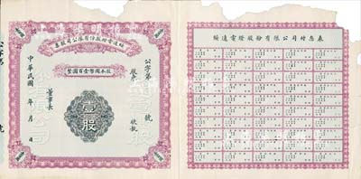 民國年（1921-）綏遠電燈股份有限公司股票，壹股計國幣壹百圓，未填用，背印章程摘要，且附完整付息表；內蒙古老股票之罕見品，昔年由山西著名票號大盛魁所創辦，歷史意義厚重；邊有缺損，但未傷及圖案，七五成新