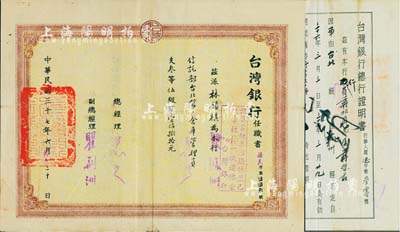 民國三十七年（1948年）臺灣銀行任職書一份，內為茲派林錫祺為該行信托部臺北第二倉庫管理員，支叁等伍級薪壹佰捌拾元，由總經理簽署；另附臺灣銀行總行證明書1份；八成新