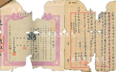 民國二十年（1931年）安徽·光明電汽股份有限公司股票，柒股計股本銀柒伯圓，另附原封套及股份轉讓文書2張；該公司實用股票存世少見，殘破品，敬請預覽