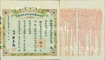 民國十九年（1930年）歸綏電話股分有限公司股票，伍股計銀洋伍百元，背印詳細章程；內蒙古呼和浩特（舊稱歸綏）老股票之珍罕品，且上印花開富貴圖極為喜慶；八成新