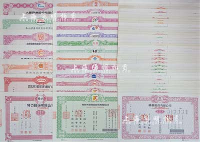 1995至2002年臺灣各上市公司股票樣張共55種不同，內中涉及銀行、工業、科技、實業等諸多行業領域，每張均有水印，九八至全新