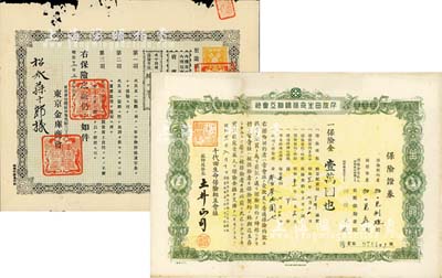 日本保險業保單2種，詳分：明治廿五年（1892年）東京金庫商會·金庫保險證，代價金百拾五圓；昭和二十一年（1946年）千代田生命保險相互會社保險證券，保險金壹萬圓；其中1枚有破損，六至八成新