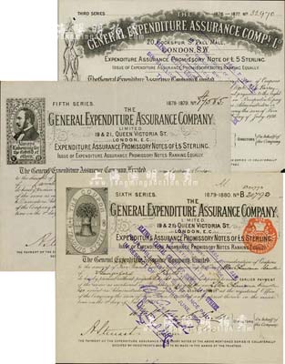 清代時期英國倫敦General Expenditure Assurance Co.（通用保險公司）股票3種，詳分：1876年第三版股票1股計5鎊、1878年第五版股票1股計5鎊、1879年第六版股票1股計5鎊，圖案各不相同；此為英國早期著名之保險公司，在香港和中國等地設有分支機構或代理處，英國藏家出品，少見，八五成新