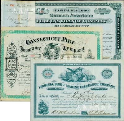 清代時期外商保險公司老股票3種，詳分：1874年康涅狄格火災保險公司股票15股（每股100美元）；1888年德美火災保險公司股票20股（每股25美元）；1906年弗吉尼亞火災和海運保險公司股票35股（每股25美元）；此3家保險公司均在香港和大陸設有分支機構或代理處，美國藏家出品，八成新